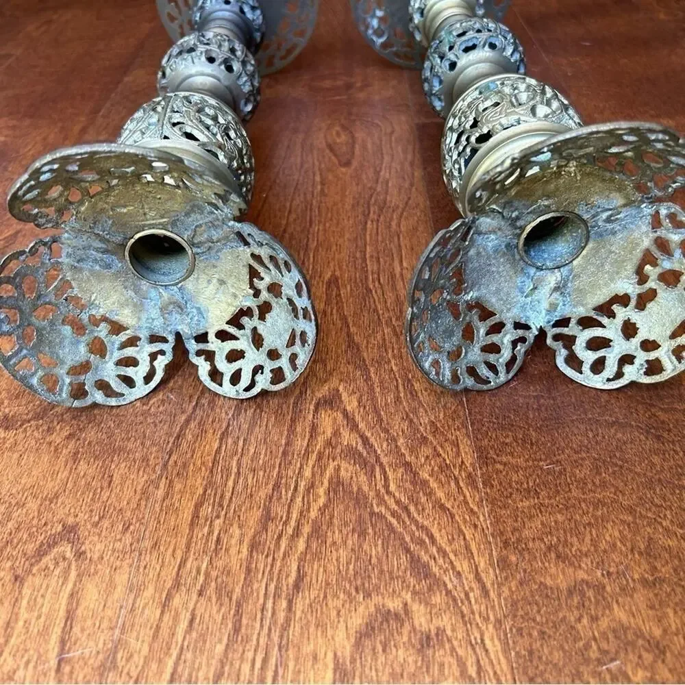 Vintage Oversized Moroccan Pierced Brass Candle Holders, Set of 2, Nice Patina